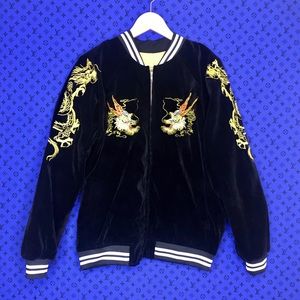 Japanese Dragon Embroidery Velveteen Black Jacket